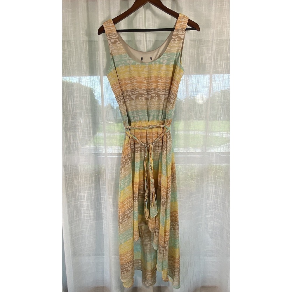 Romantic Midi Dress Sz 12 Tasseled Belt High Low Fairy Whimsy Ruffle Hem Pastel